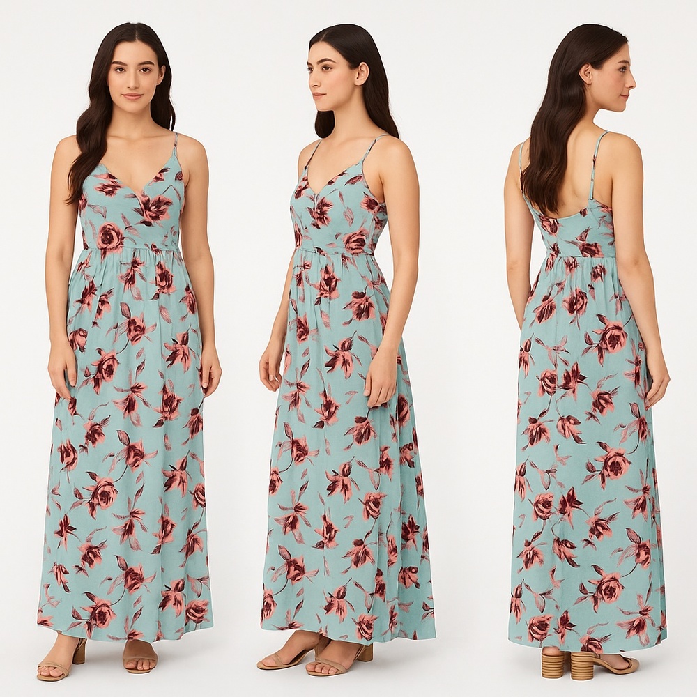 PinkBlush Dress Womens Size Large Blue Maxi Floral Print Spaghetti Straps Boho